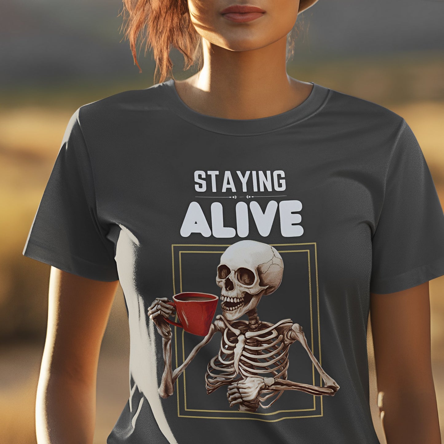 Funny Skeleton T-Shirt for Coffee Lovers - Staying Alive - Boo and Bewear