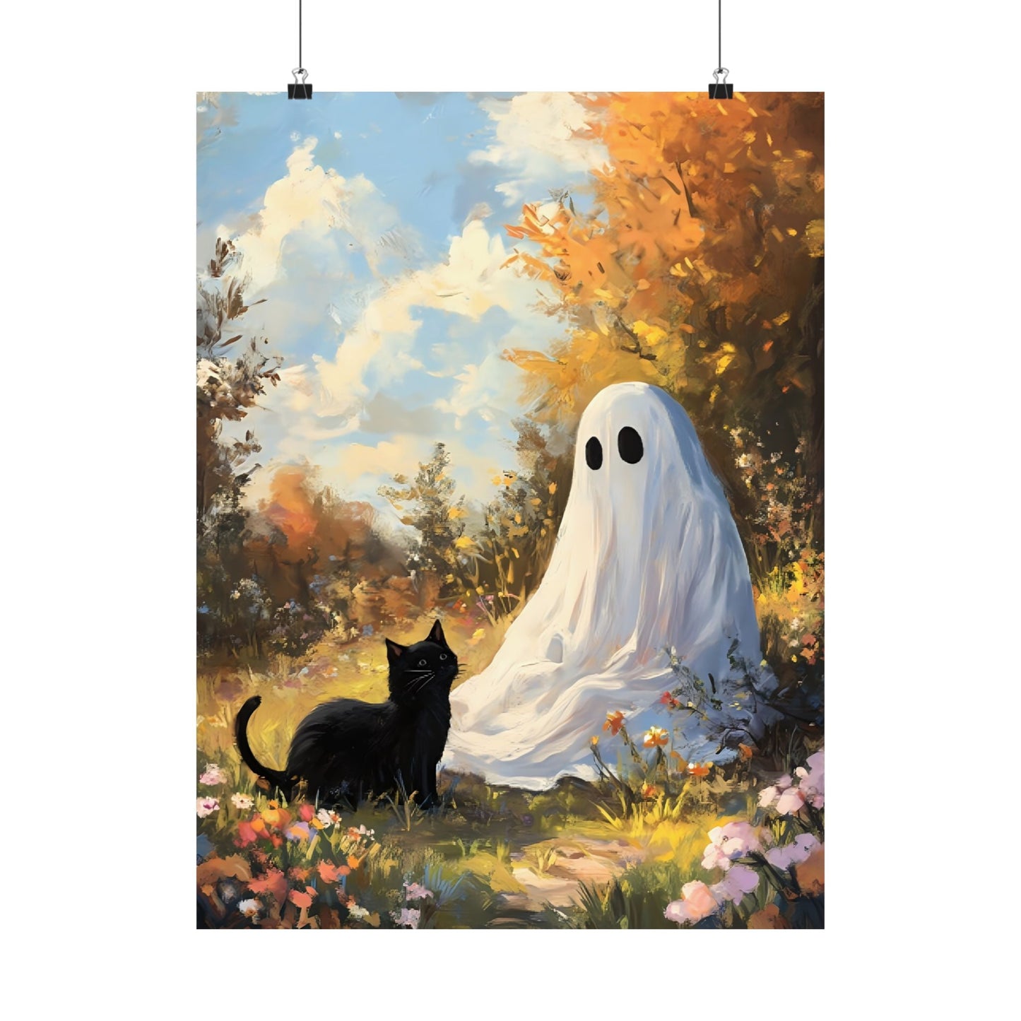 Ghost and Cat Poster - Cute Halloween Wall Art Painting - Spooky Season Home Decor Print - Boo and Bewear