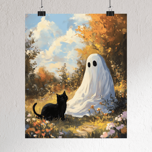 Ghost and Cat Poster - Cute Halloween Wall Art Painting - Spooky Season Home Decor Print - Boo and Bewear