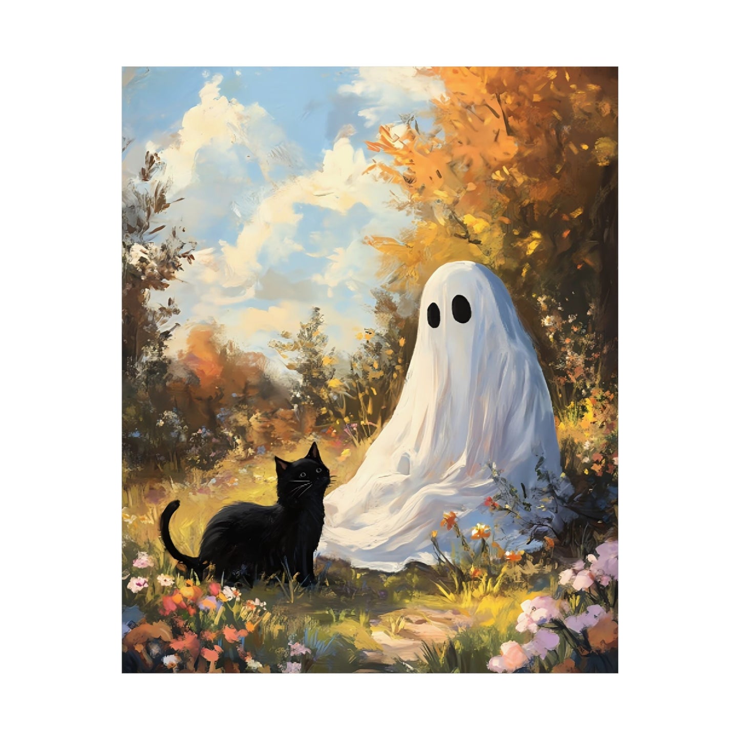 Ghost and Cat Poster - Cute Halloween Wall Art Painting - Spooky Season Home Decor Print