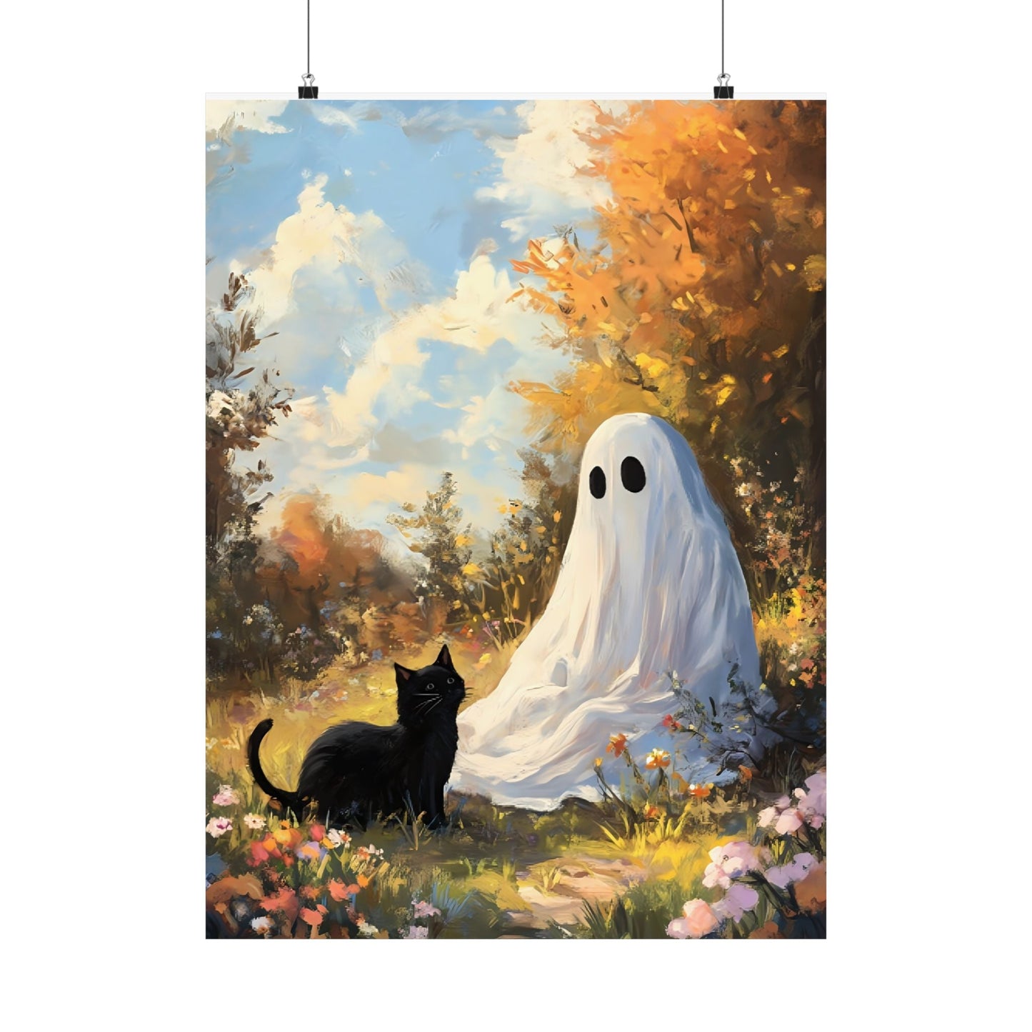 Ghost and Cat Poster - Cute Halloween Wall Art Painting - Spooky Season Home Decor Print - Boo and Bewear