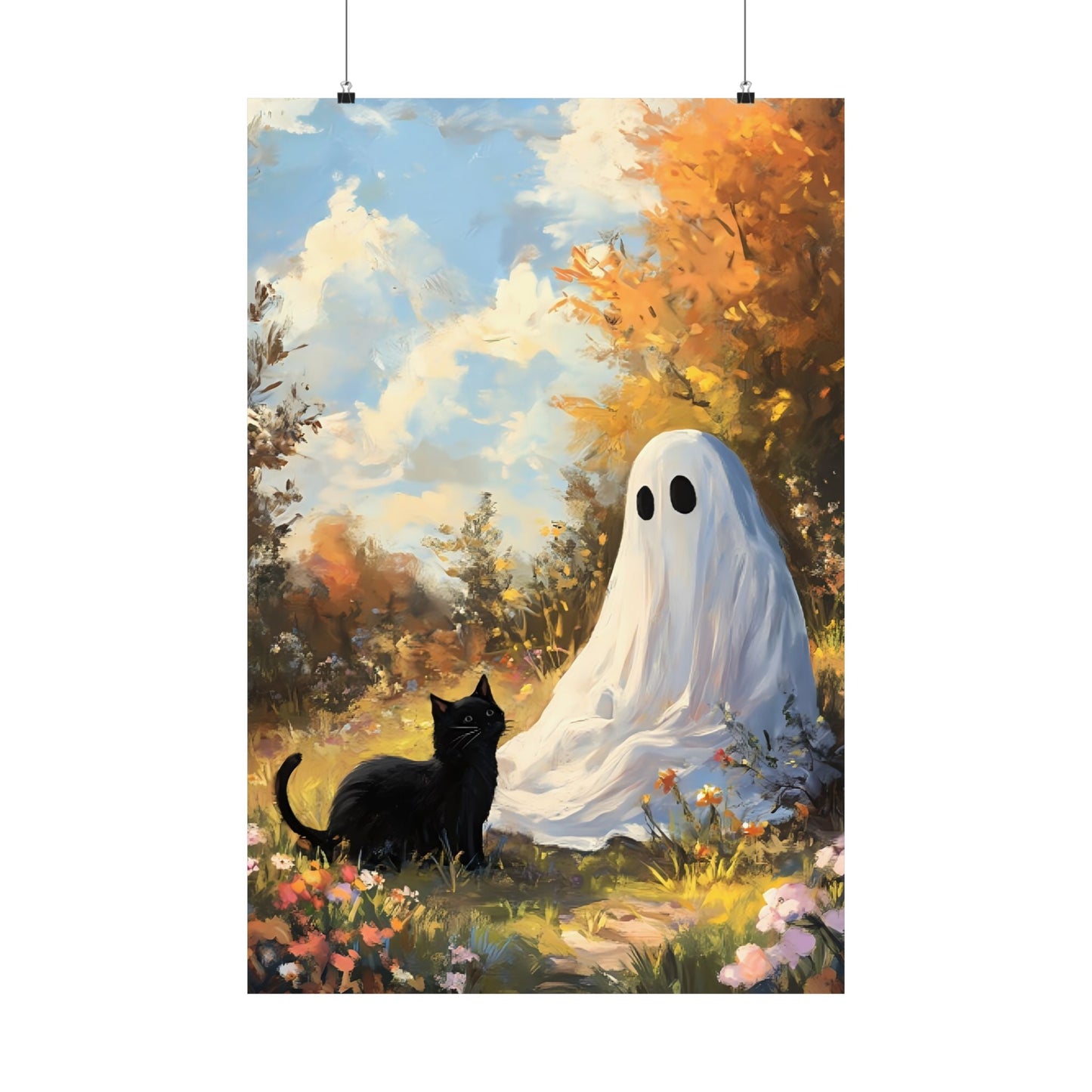 Ghost and Cat Poster - Cute Halloween Wall Art Painting - Spooky Season Home Decor Print