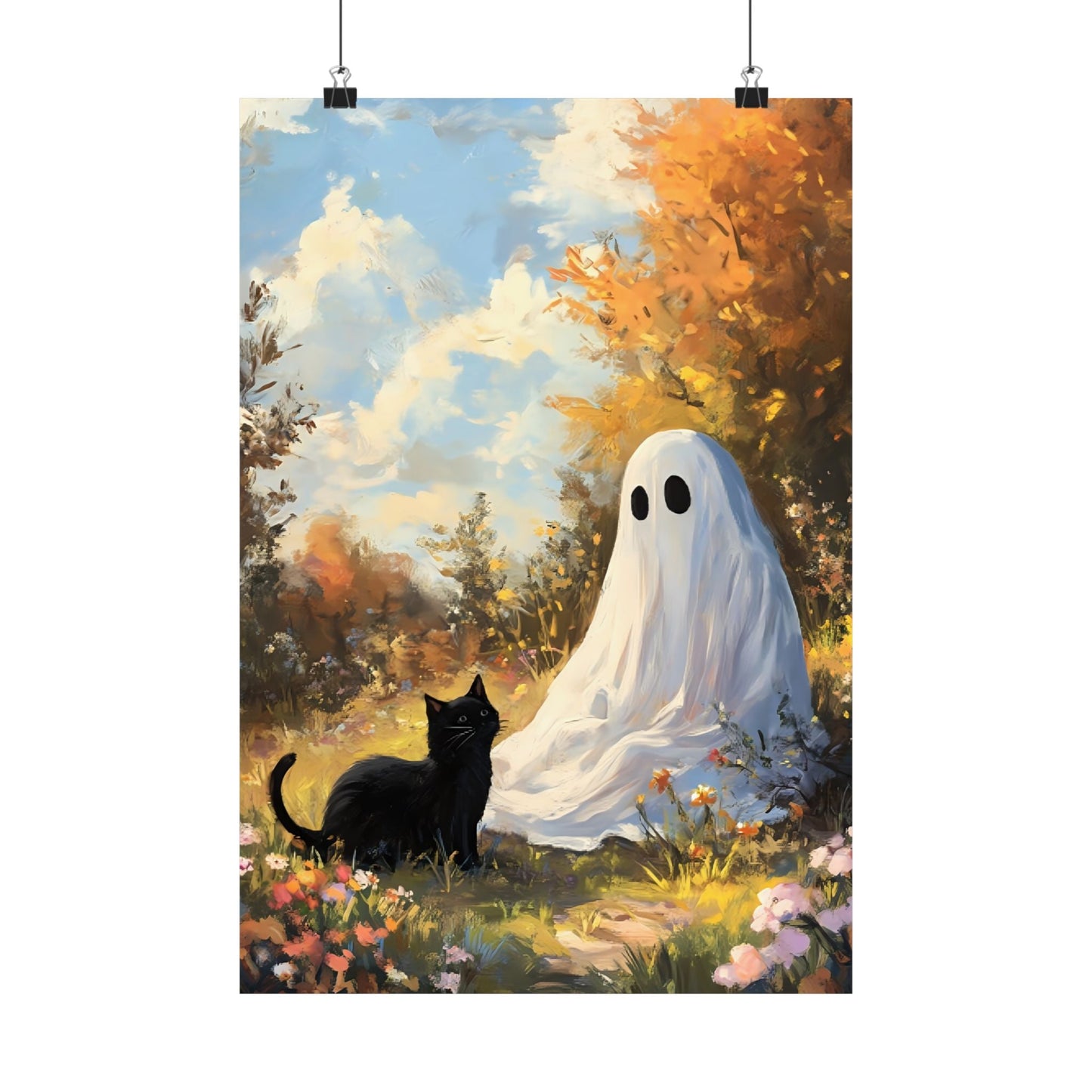 Ghost and Cat Poster - Cute Halloween Wall Art Painting - Spooky Season Home Decor Print - Boo and Bewear