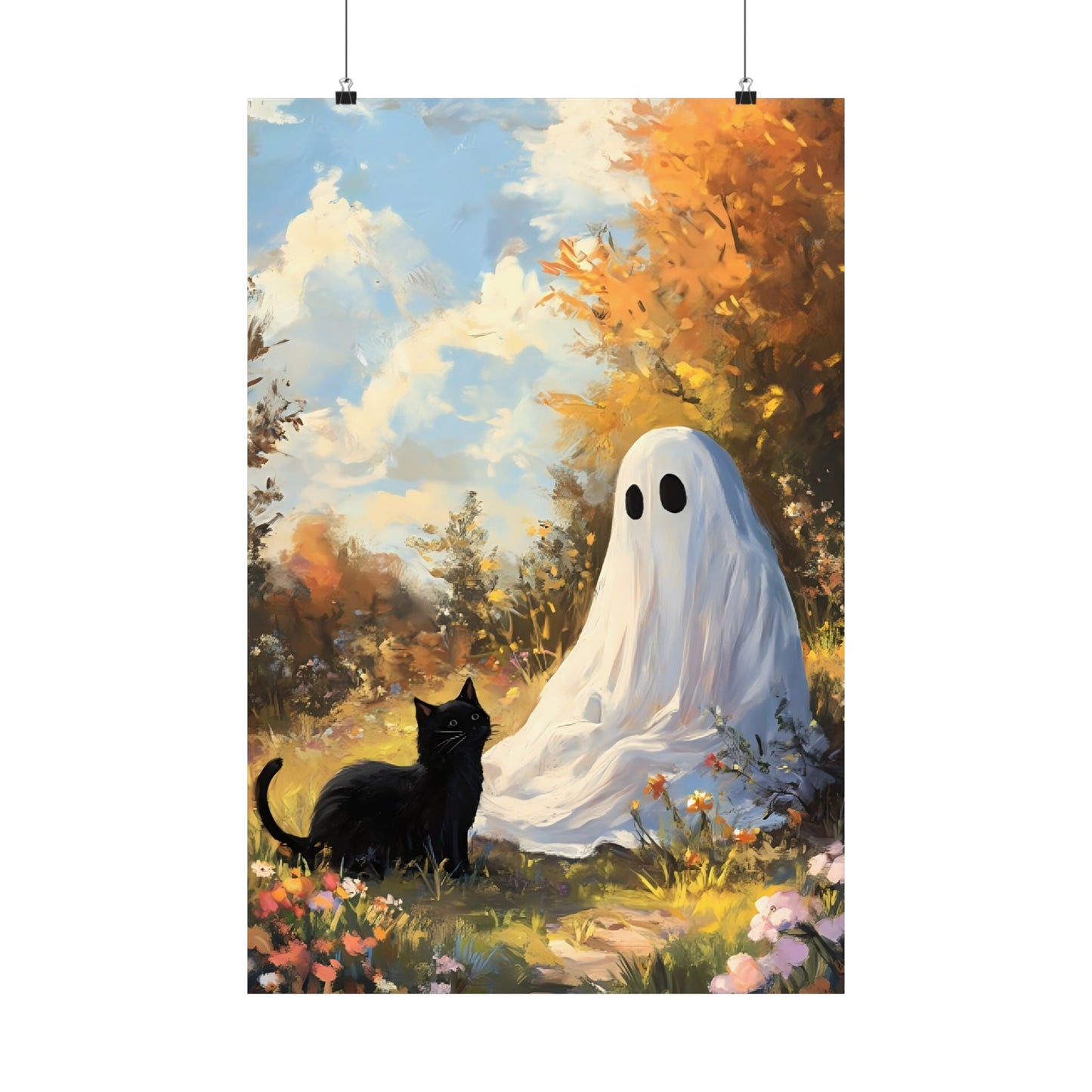 Ghost and Cat Poster - Cute Halloween Wall Art Painting - Spooky Season Home Decor Print