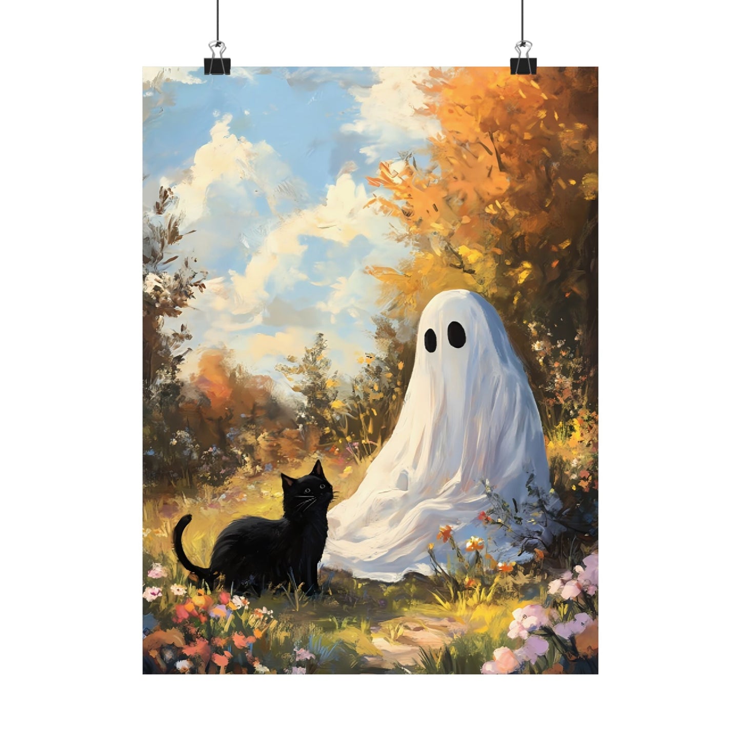 Ghost and Cat Poster - Cute Halloween Wall Art Painting - Spooky Season Home Decor Print - Boo and Bewear