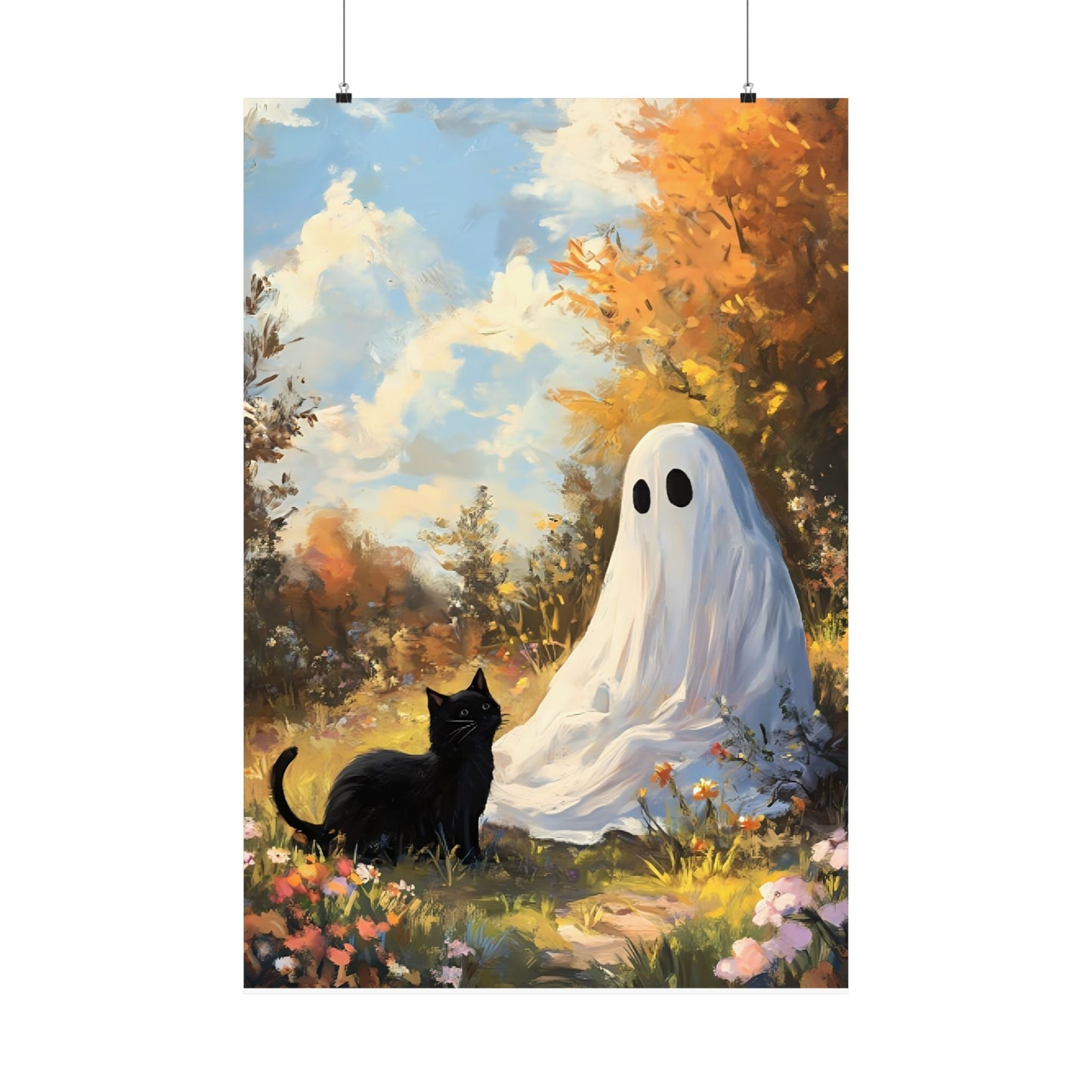 Ghost and Cat Poster - Cute Halloween Wall Art Painting - Spooky Season Home Decor Print