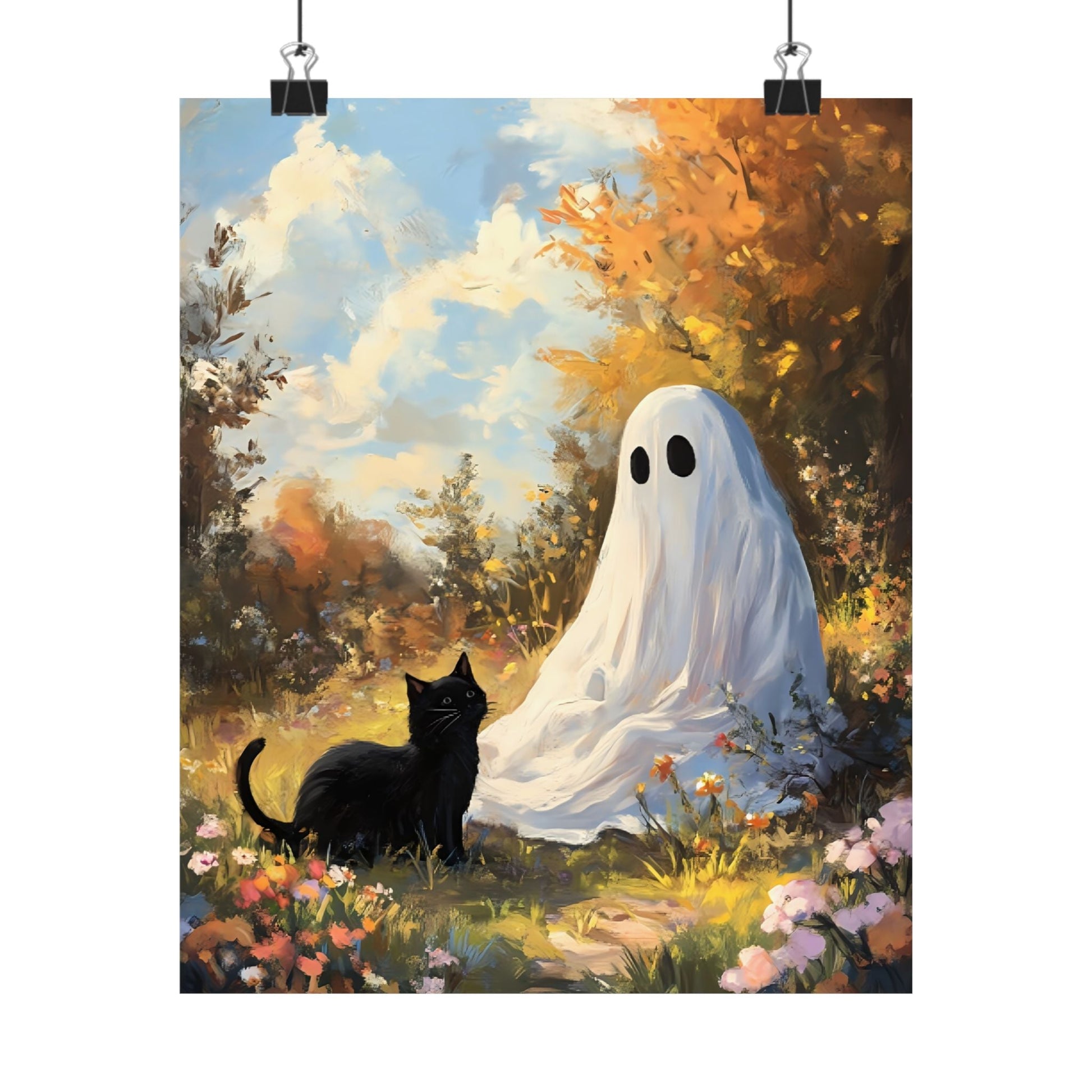 Ghost and Cat Poster - Cute Halloween Wall Art Painting - Spooky Season Home Decor Print - Boo and Bewear