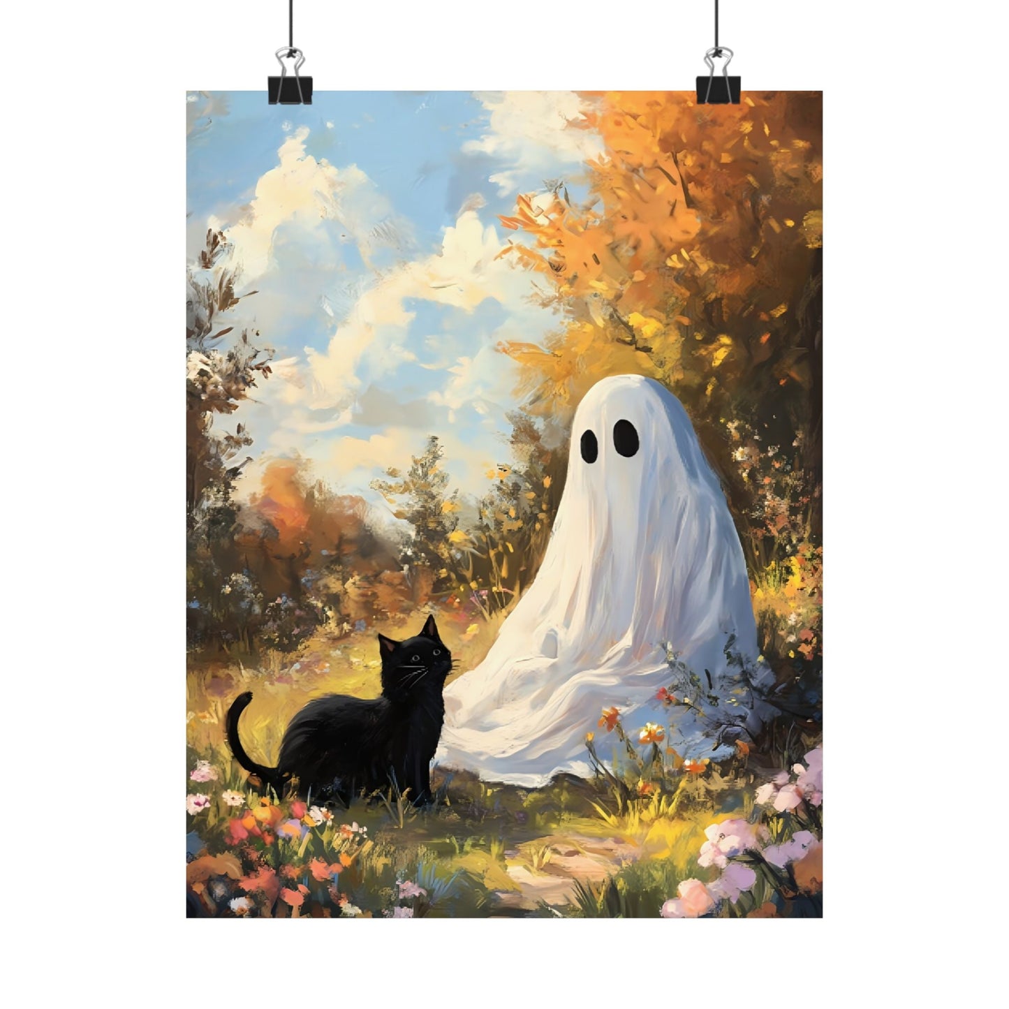 Ghost and Cat Poster - Cute Halloween Wall Art Painting - Spooky Season Home Decor Print - Boo and Bewear