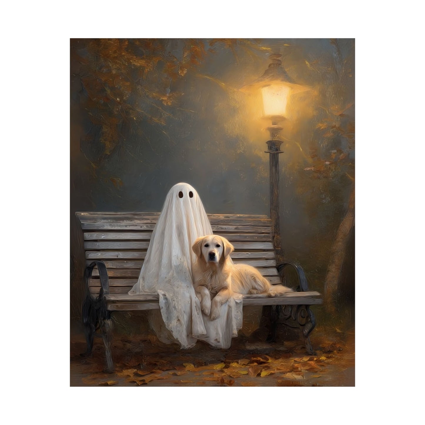 Ghost and Golden Retriever Painting, Cute Halloween Wall Art Print, Ghost & Doodle Art, Dog Lover Gift