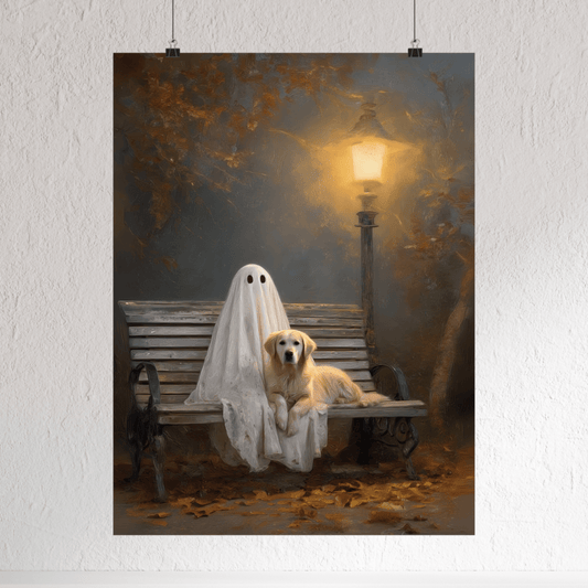Ghost and Golden Retriever Painting, Cute Halloween Wall Art Print, Ghost & Doodle Art, Dog Lover Gift