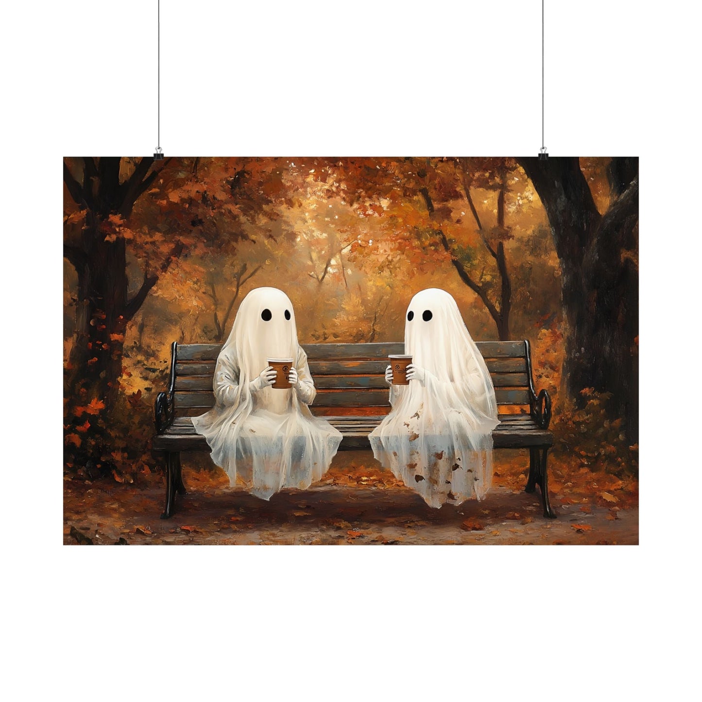 Ghost Coffee Time Painting, Cute Halloween Wall Art Print, Vintage Ghostly Painting, Spooky Fall Poster