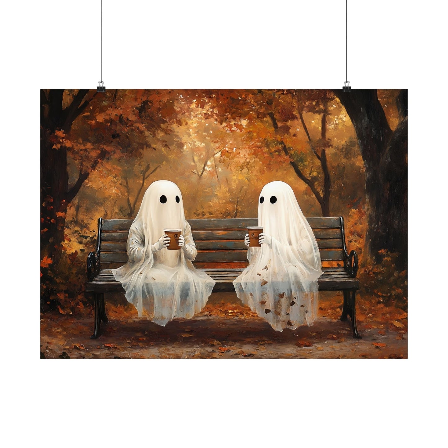 Ghost Coffee Time Painting, Cute Halloween Wall Art Print, Vintage Ghostly Painting, Spooky Fall Poster