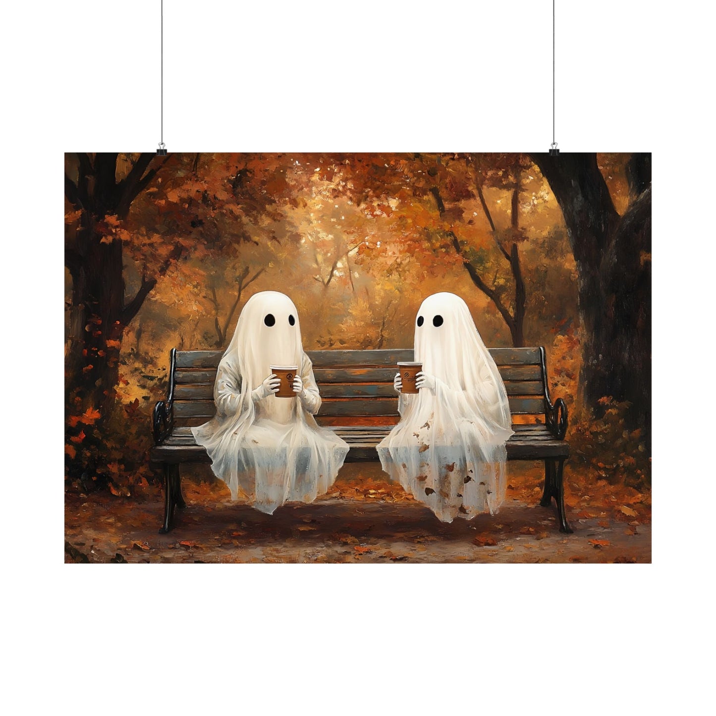 Ghost Coffee Time Painting, Cute Halloween Wall Art Print, Vintage Ghostly Painting, Spooky Fall Poster