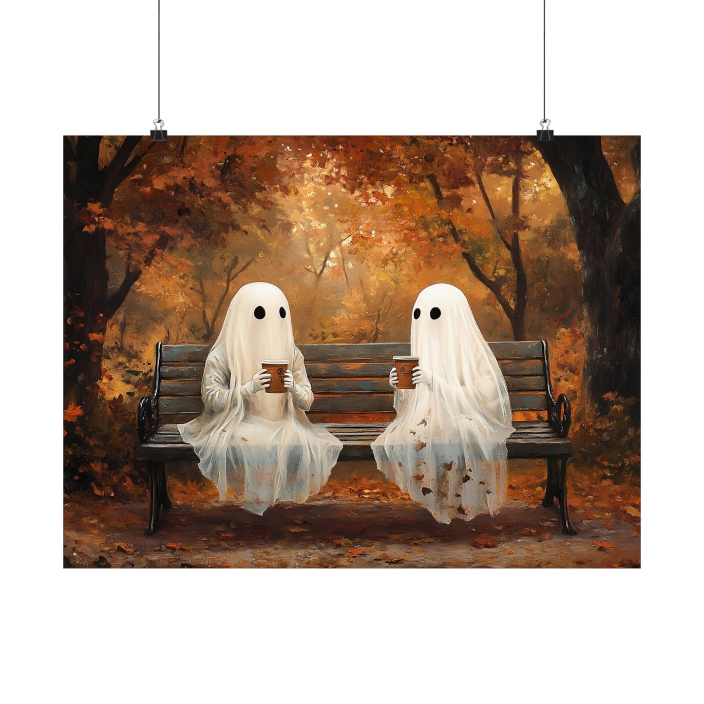 Ghost Coffee Time Painting, Cute Halloween Wall Art Print, Vintage Ghostly Painting, Spooky Fall Poster
