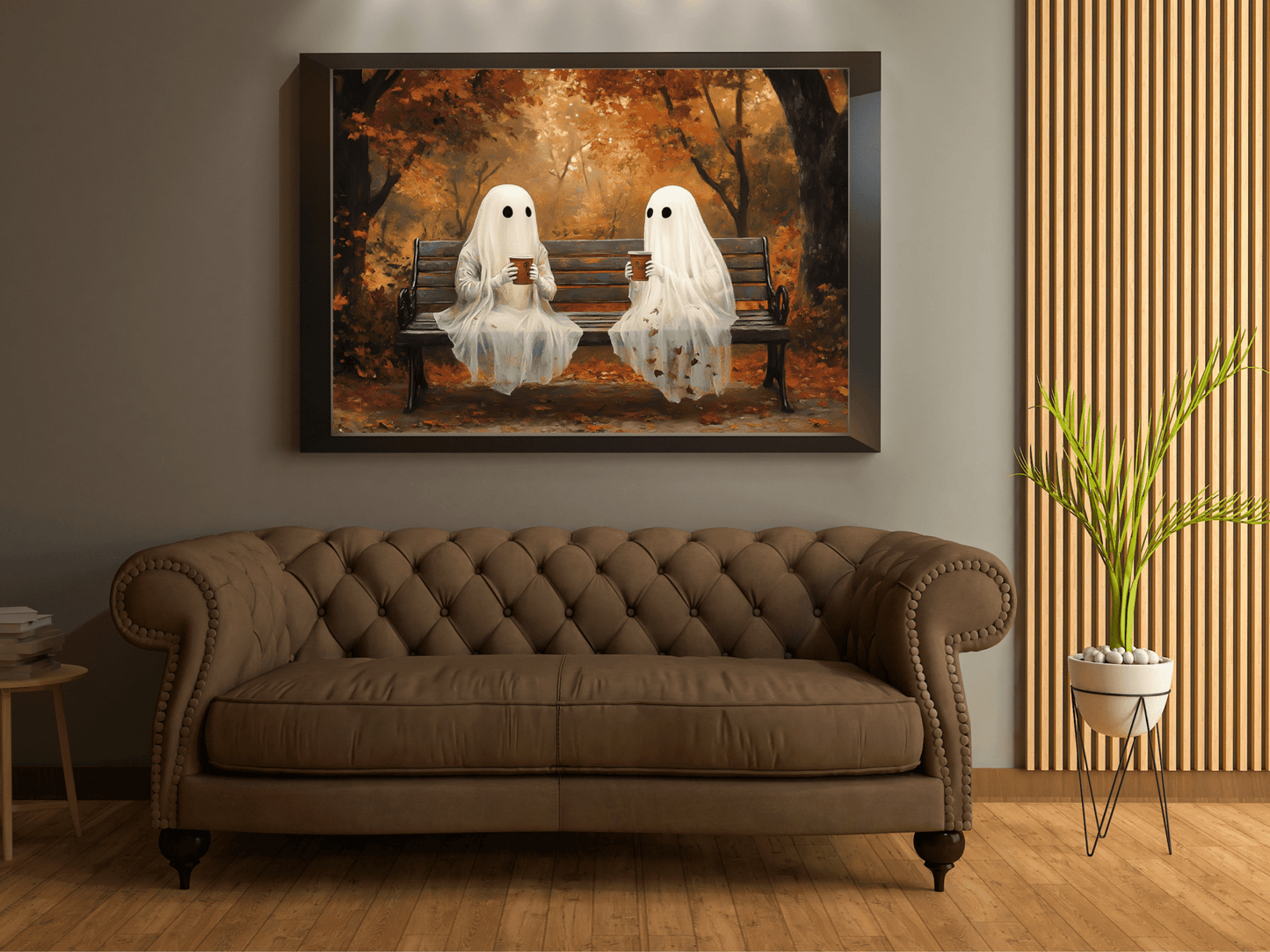 Ghost Coffee Time Painting, Cute Halloween Wall Art Print, Vintage Ghostly Painting, Spooky Fall Poster