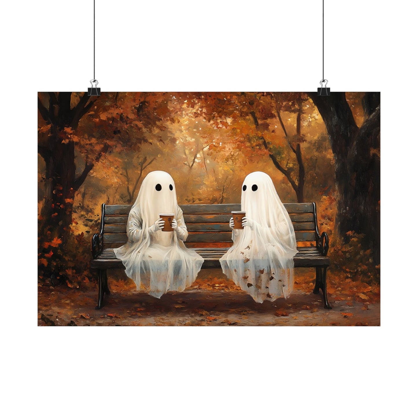 Ghost Coffee Time Painting, Cute Halloween Wall Art Print, Vintage Ghostly Painting, Spooky Fall Poster