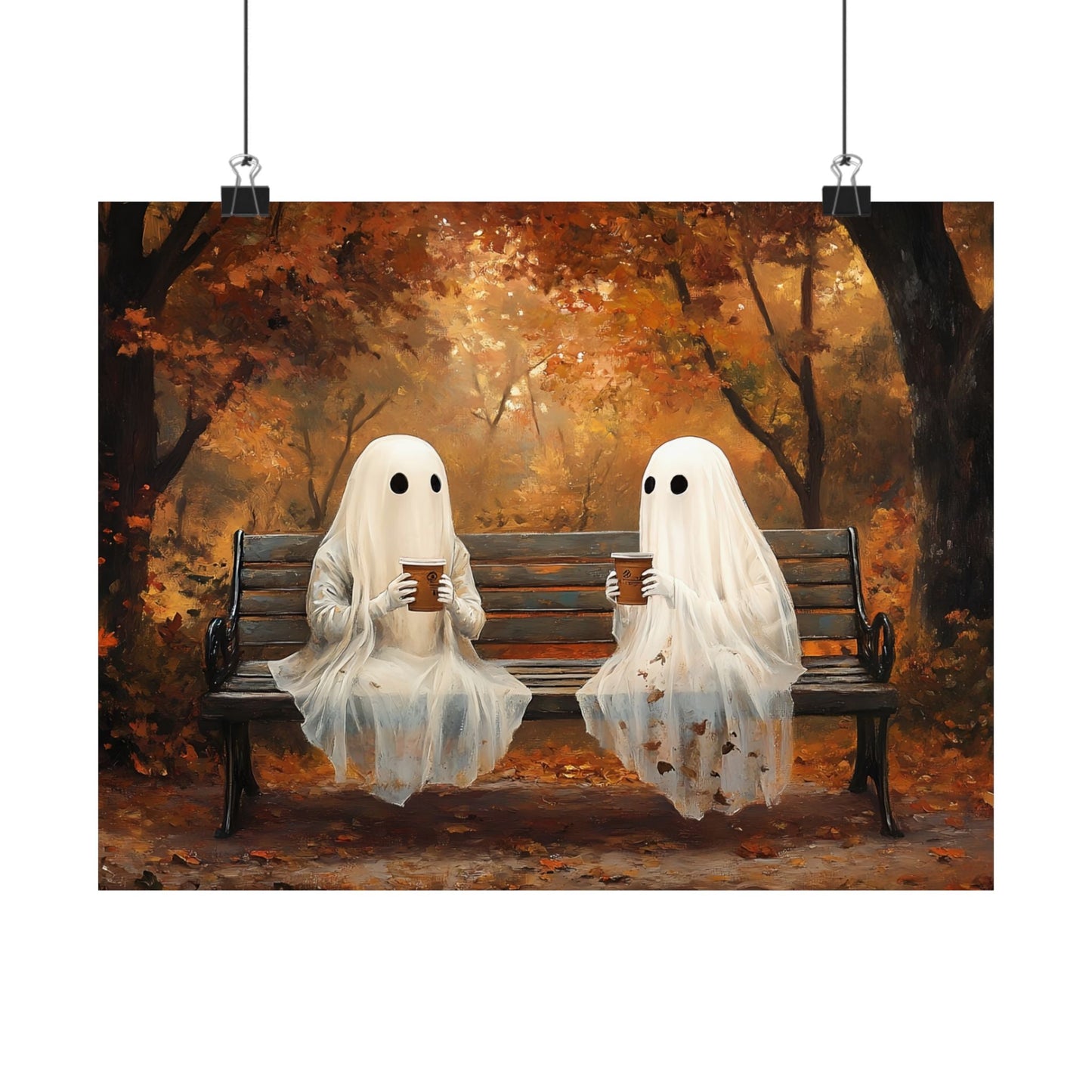 Ghost Coffee Time Painting, Cute Halloween Wall Art Print, Vintage Ghostly Painting, Spooky Fall Poster
