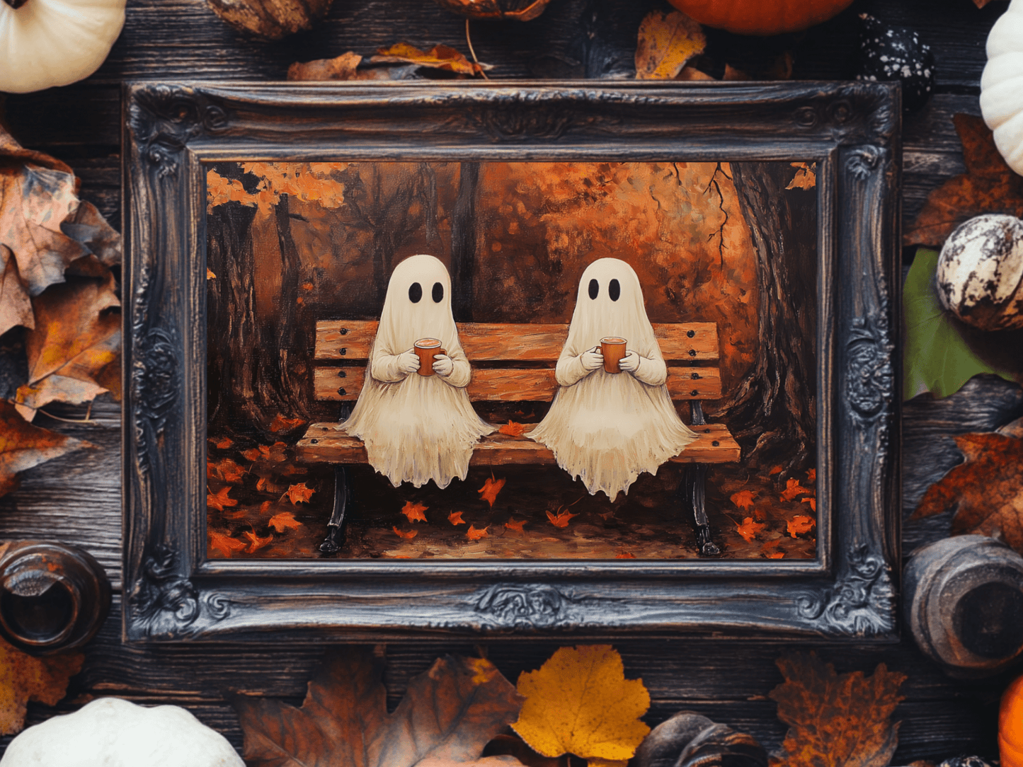 Ghost Coffee Time Painting, Cute Halloween Wall Art Print, Vintage Ghostly Painting, Spooky Fall Poster