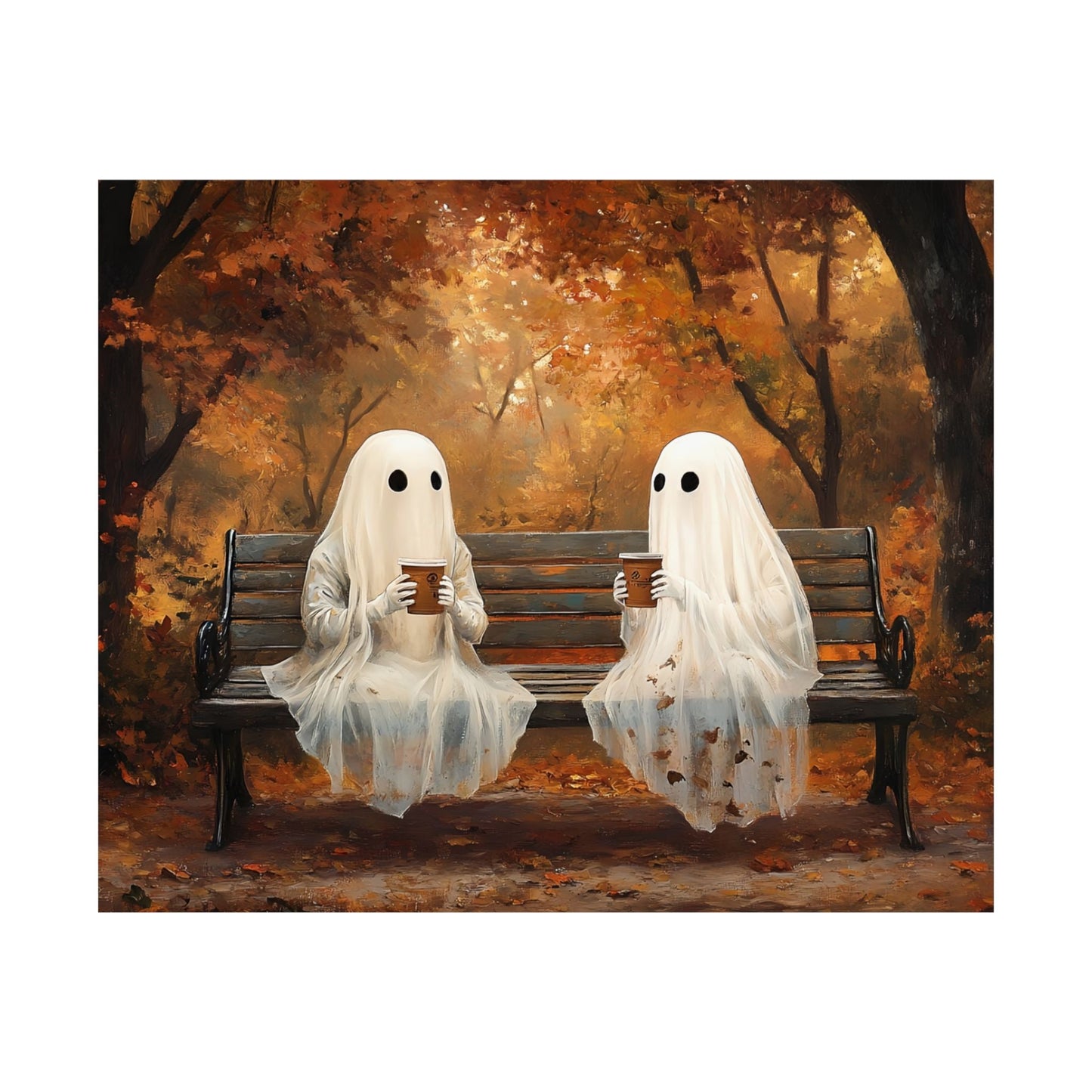 Ghost Coffee Time Painting, Cute Halloween Wall Art Print, Vintage Ghostly Painting, Spooky Fall Poster
