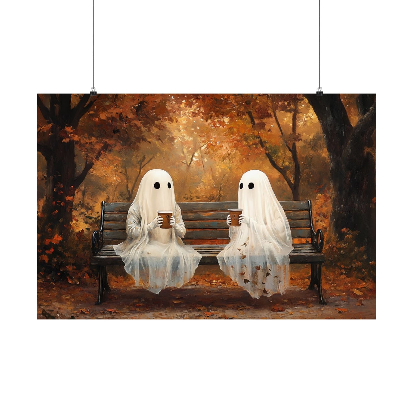Ghost Coffee Time Painting, Cute Halloween Wall Art Print, Vintage Ghostly Painting, Spooky Fall Poster