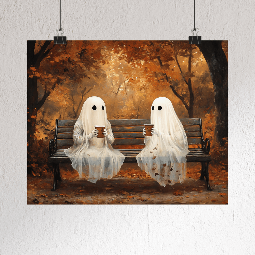 Ghost Coffee Time Painting, Cute Halloween Wall Art Print, Vintage Ghostly Painting, Spooky Fall Poster