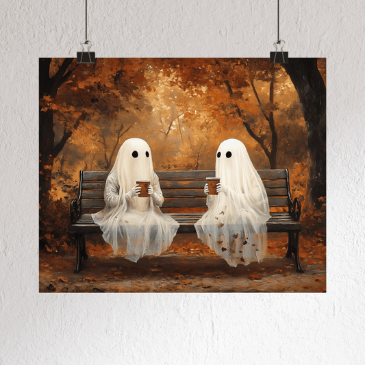 Ghost Coffee Time Painting, Cute Halloween Wall Art Print, Vintage Ghostly Painting, Spooky Fall Poster