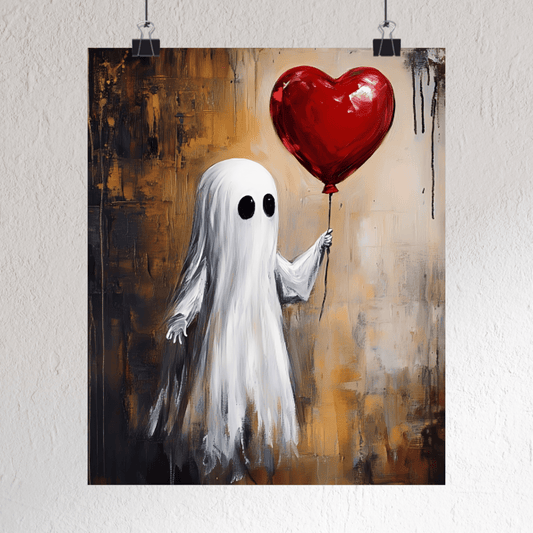 Ghost Holding Heart Balloon Painting - Vintage Gothic Romance Poster - Cute Valentine's Art Print - Boo and Bewear