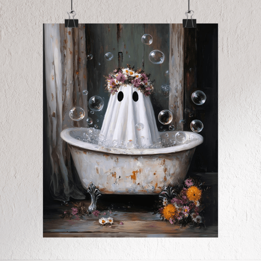 Ghost in Bathroom Wall Art Print, Spooky & Cute Ghost in Bathtub Painting, Vintage Dark Academia Poster, Antique Victorian Bubble Bath Decor