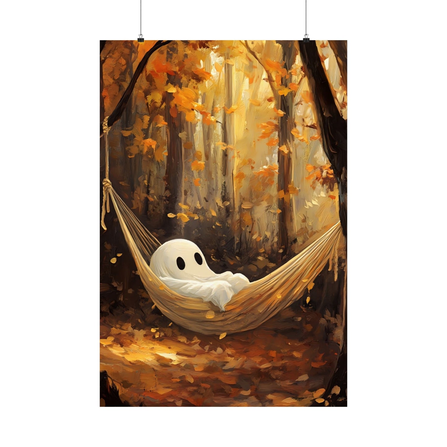 Ghost in Hammock Wall Art Print - Cute Halloween Painting -  Autumn Forest Spooky Season Poster