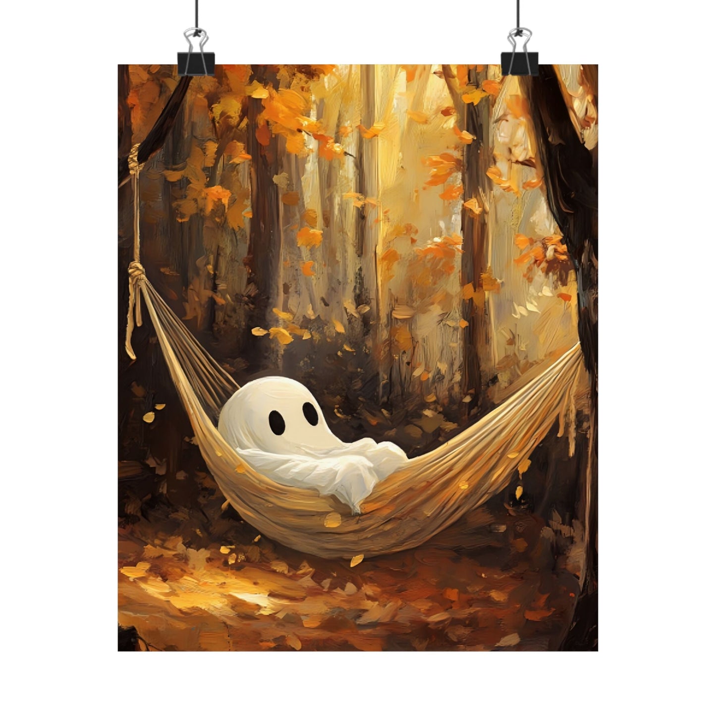 Ghost in Hammock Wall Art Print - Cute Halloween Painting - Autumn Forest Spooky Season Poster - Boo and Bewear