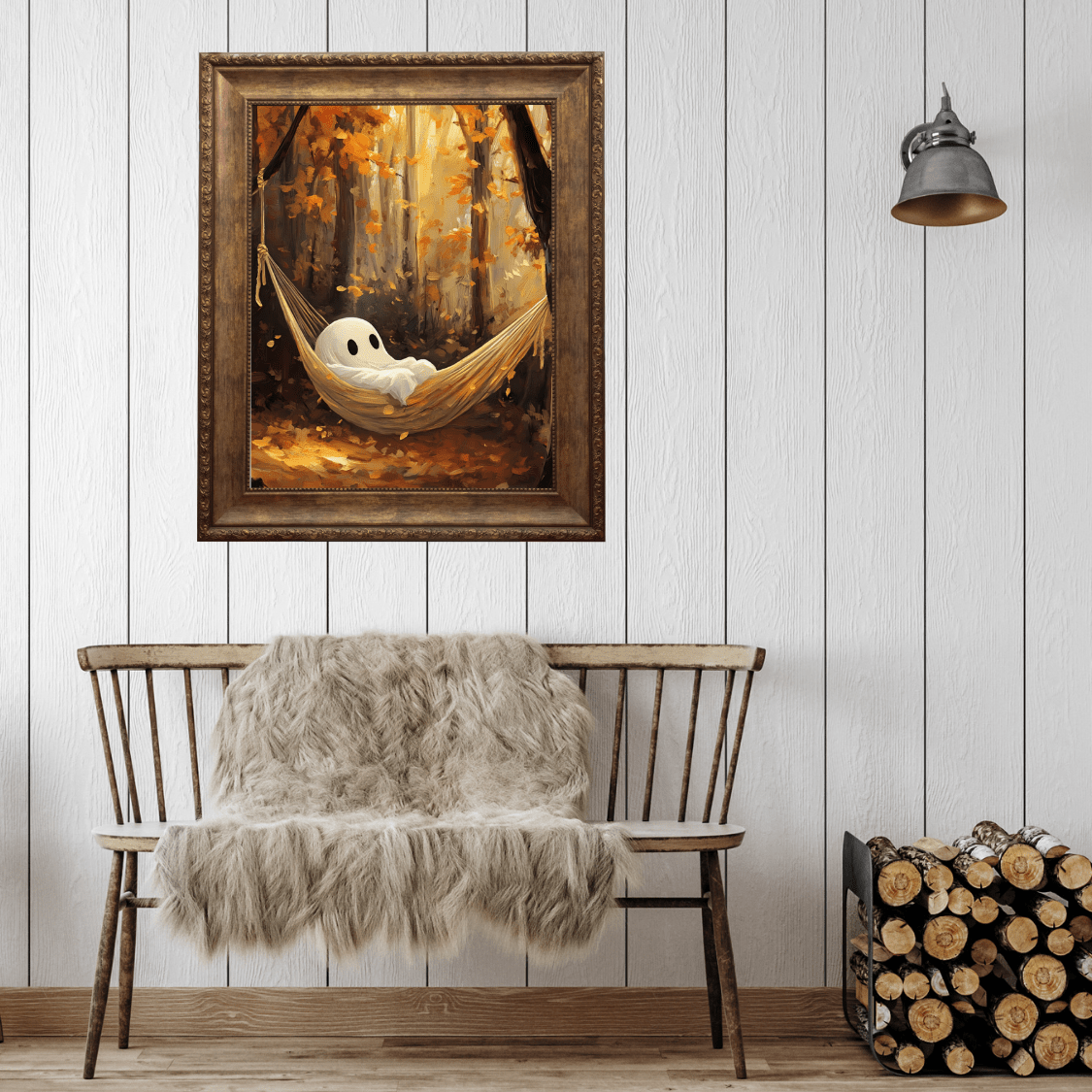 Ghost in Hammock Wall Art Print - Cute Halloween Painting -  Autumn Forest Spooky Season Poster