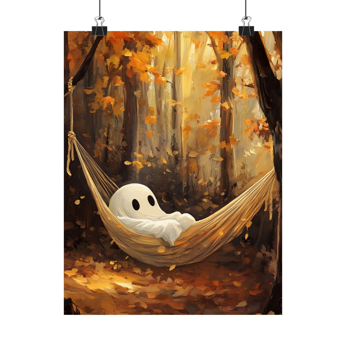 Ghost in Hammock Wall Art Print - Cute Halloween Painting - Autumn Forest Spooky Season Poster - Boo and Bewear