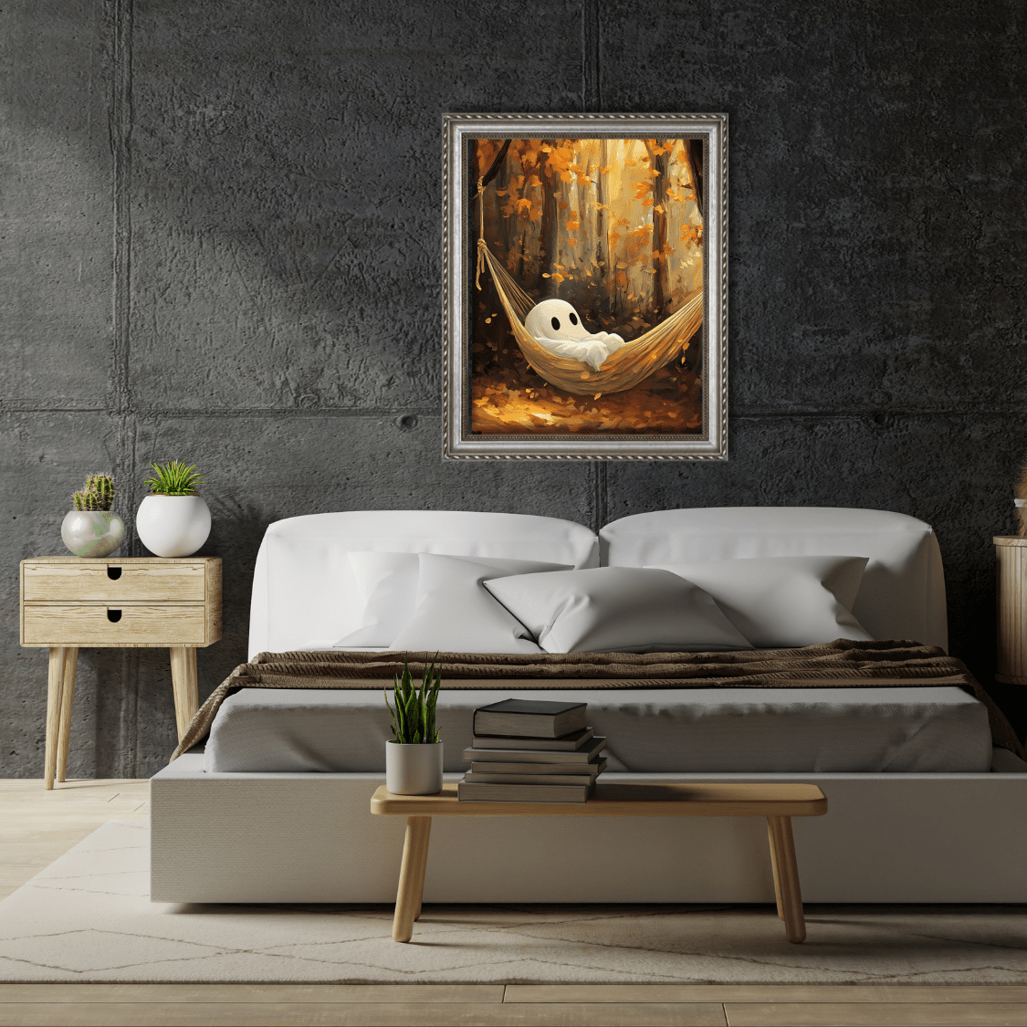 Ghost in Hammock Wall Art Print - Cute Halloween Painting -  Autumn Forest Spooky Season Poster