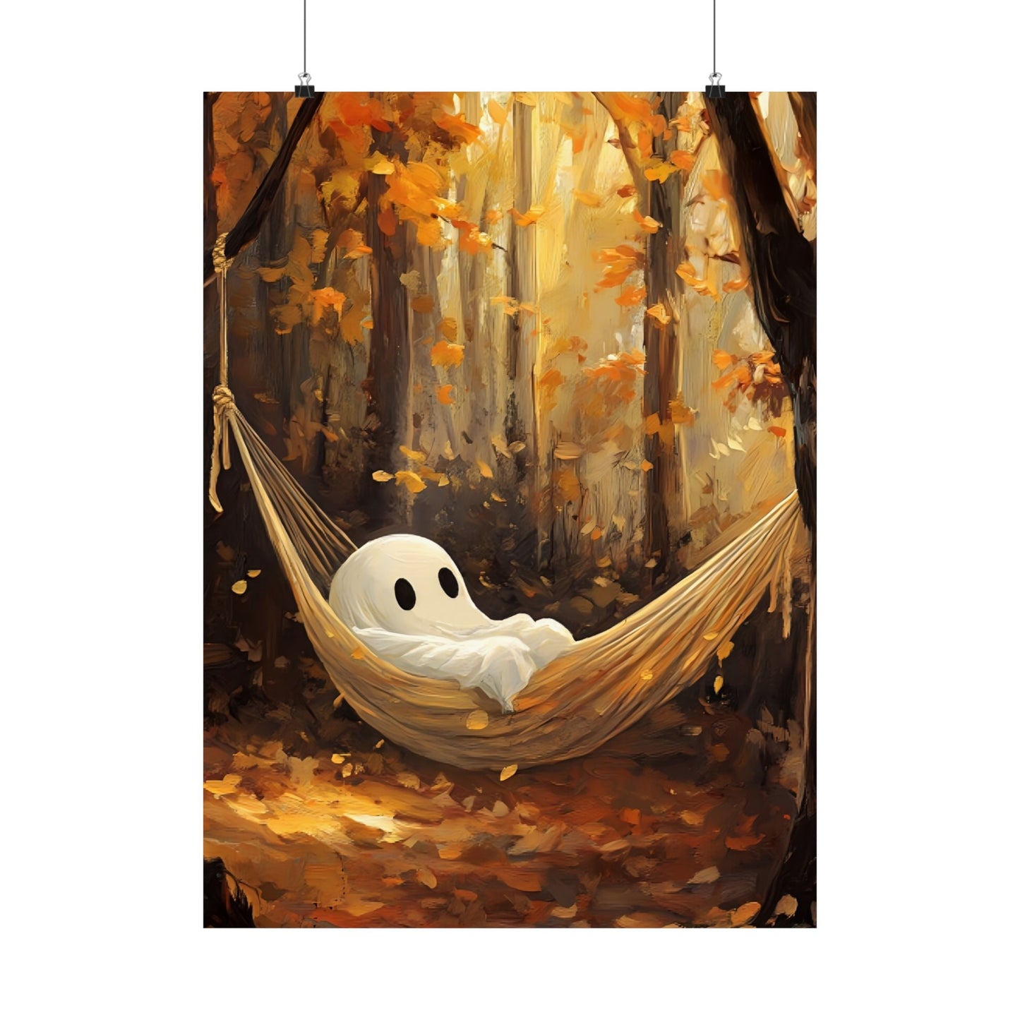 Ghost in Hammock Wall Art Print - Cute Halloween Painting - Autumn Forest Spooky Season Poster - Boo and Bewear