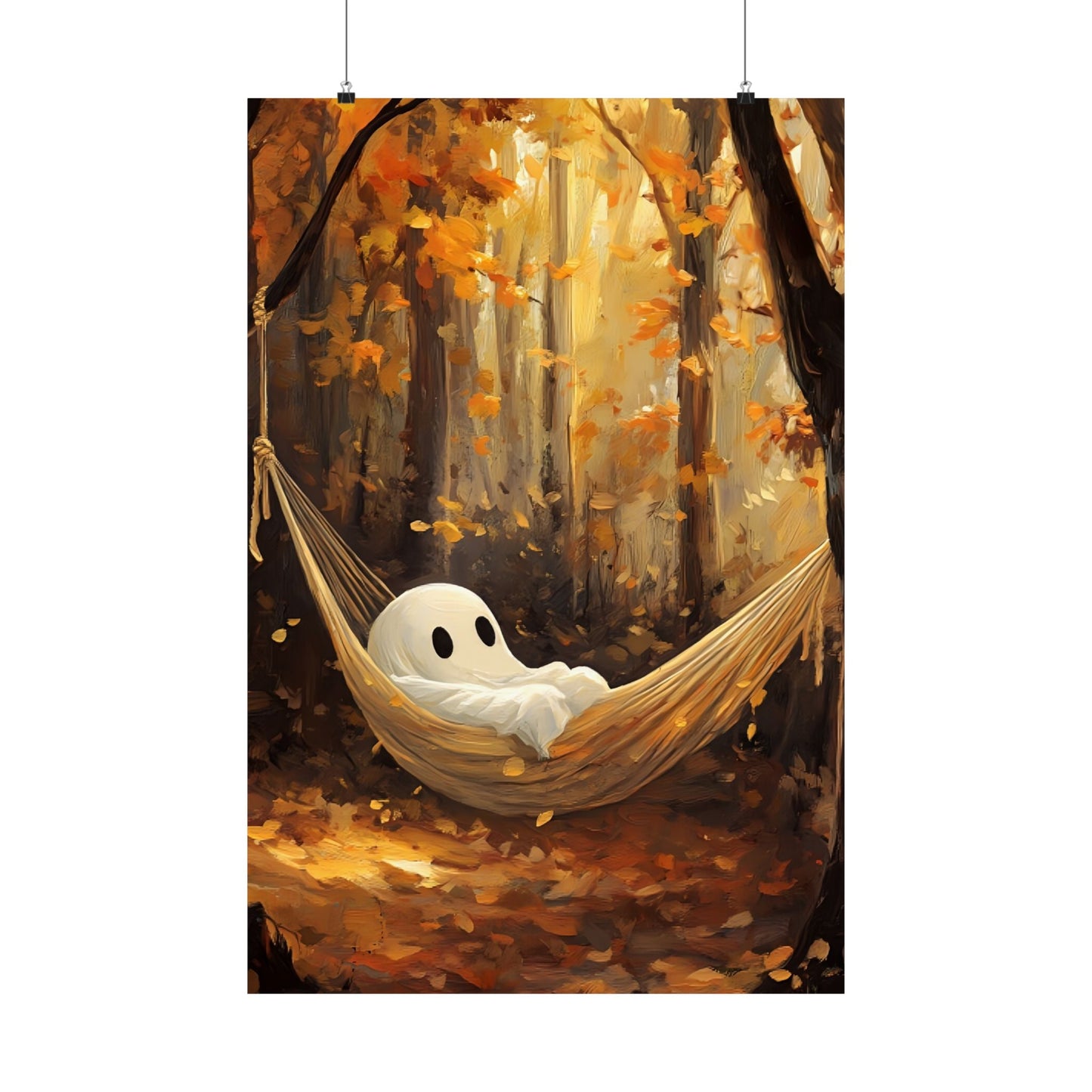 Ghost in Hammock Wall Art Print - Cute Halloween Painting -  Autumn Forest Spooky Season Poster