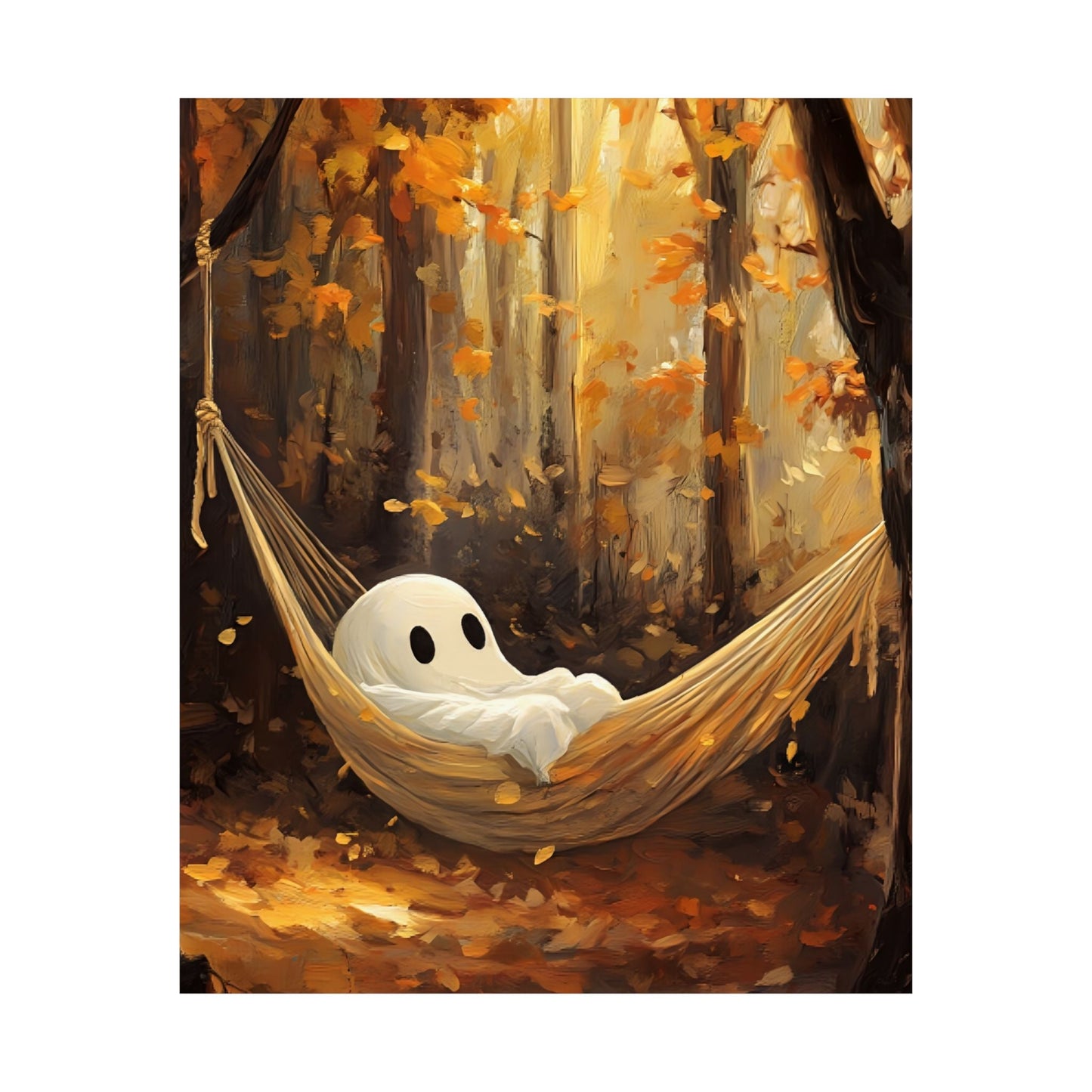 Ghost in Hammock Wall Art Print - Cute Halloween Painting -  Autumn Forest Spooky Season Poster