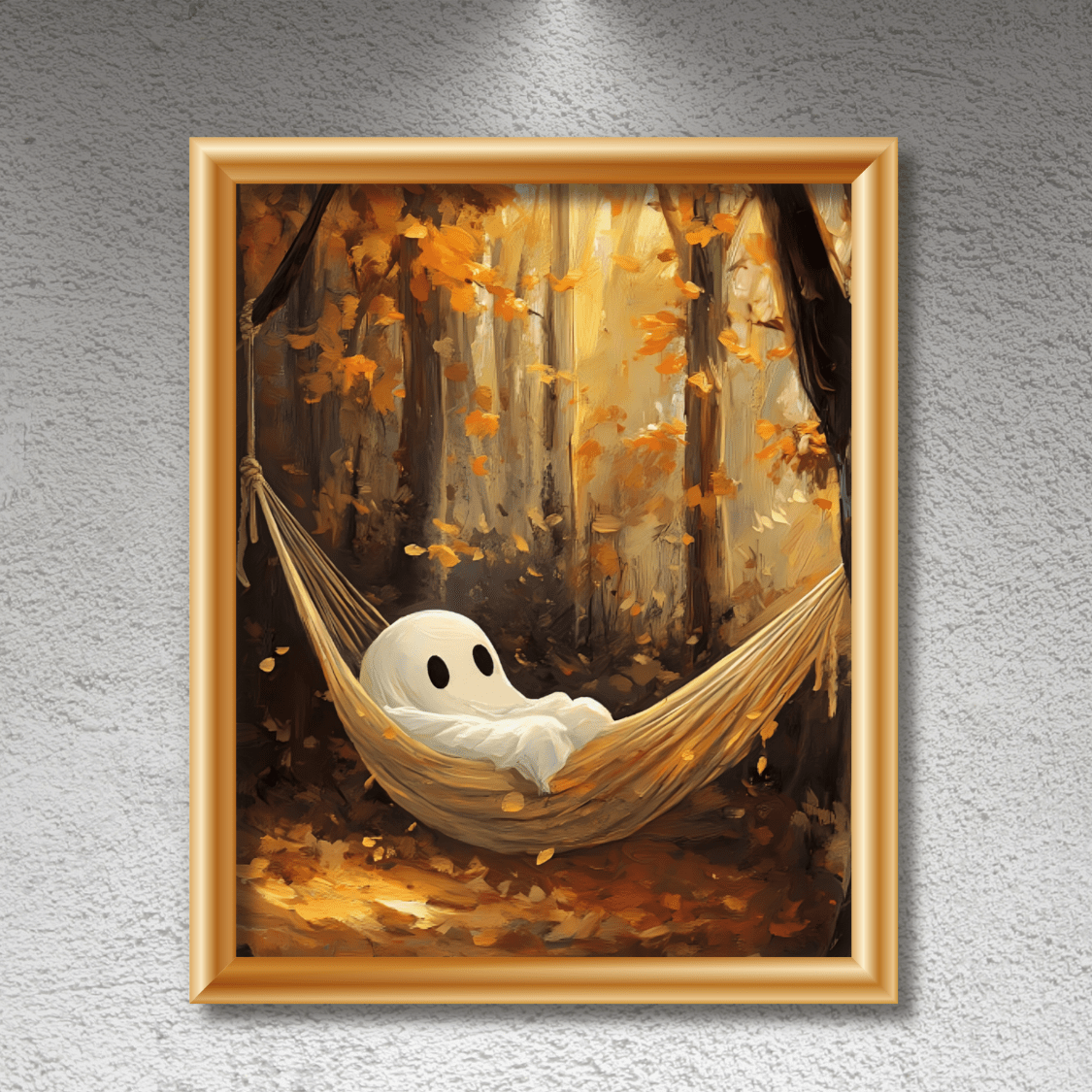 Ghost in Hammock Wall Art Print - Cute Halloween Painting - Autumn Forest Spooky Season Poster - Boo and Bewear