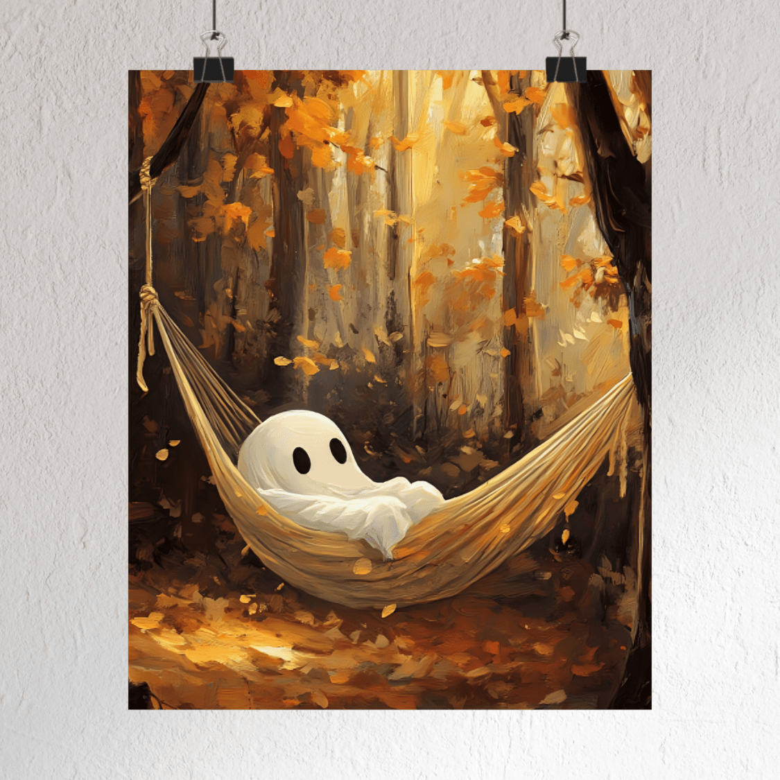 Ghost in Hammock Wall Art Print - Cute Halloween Painting - Autumn Forest Spooky Season Poster - Boo and Bewear