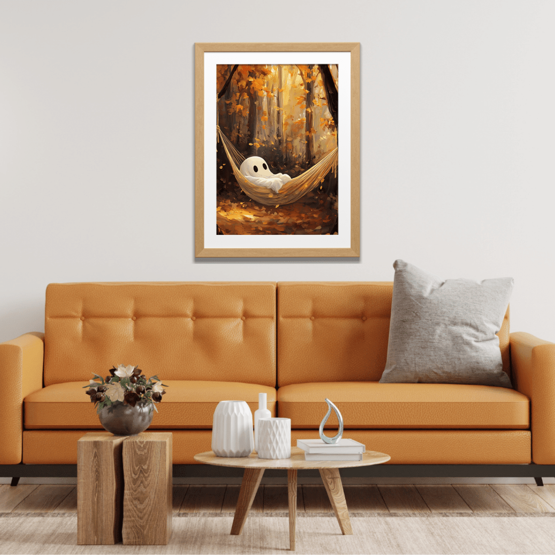 Ghost in Hammock Wall Art Print - Cute Halloween Painting -  Autumn Forest Spooky Season Poster