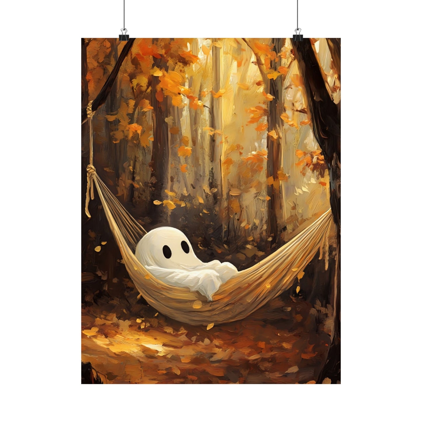 Ghost in Hammock Wall Art Print - Cute Halloween Painting - Autumn Forest Spooky Season Poster - Boo and Bewear