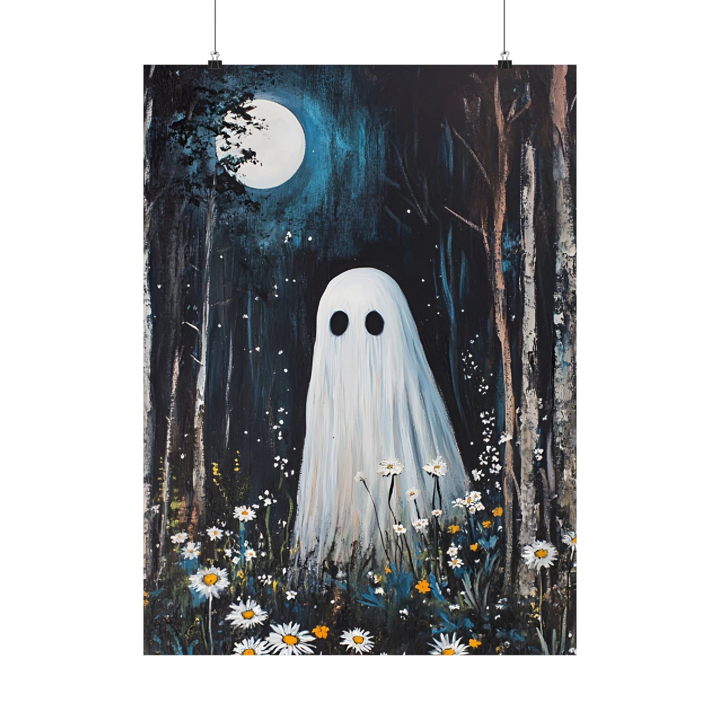 Ghost Painting - Cute Ghost in Forest Wall Art - Spooky Halloween Poster - Home Decor Prints - Boo and Bewear