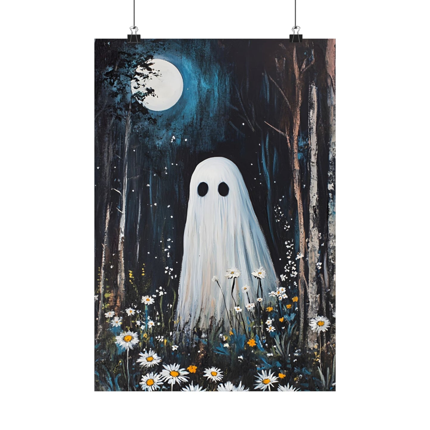 Ghost Painting - Cute Ghost in Forest Wall Art - Spooky Halloween Poster - Home Decor Prints