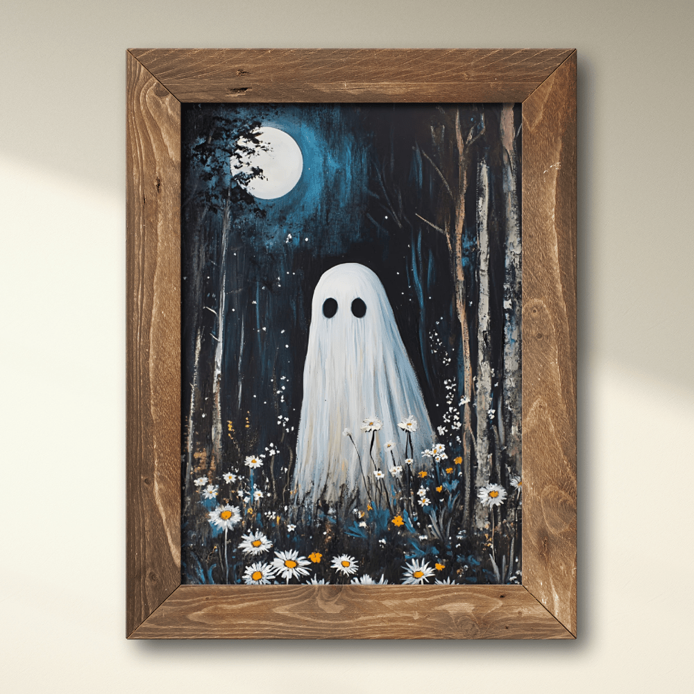 Ghost Painting - Cute Ghost in Forest Wall Art - Spooky Halloween Poster - Home Decor Prints - Boo and Bewear