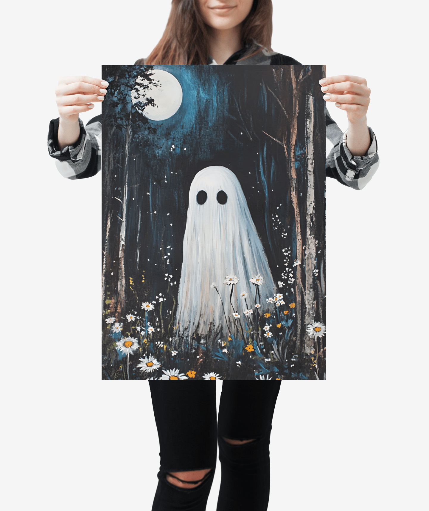 Ghost Painting - Cute Ghost in Forest Wall Art - Spooky Halloween Poster - Home Decor Prints