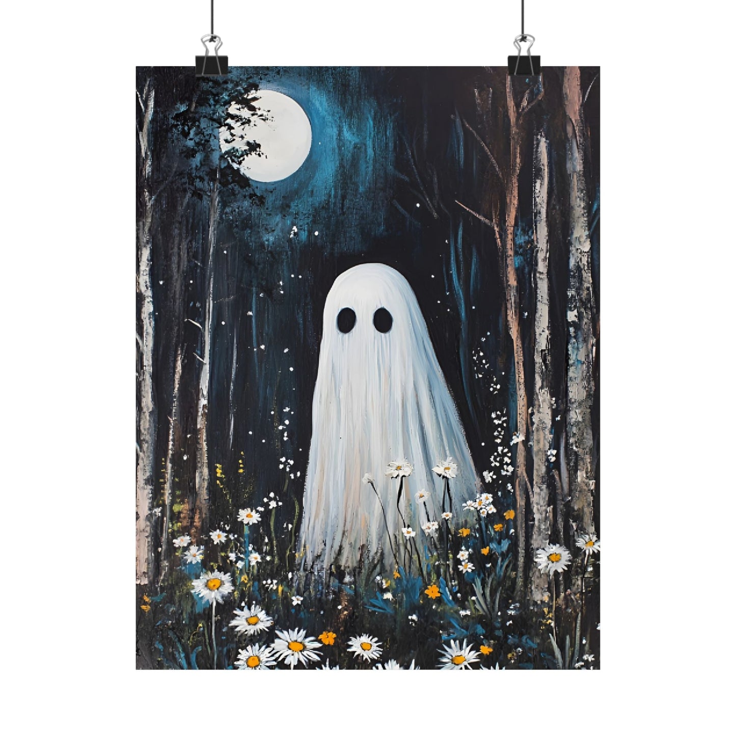 Ghost Painting - Cute Ghost in Forest Wall Art - Spooky Halloween Poster - Home Decor Prints - Boo and Bewear