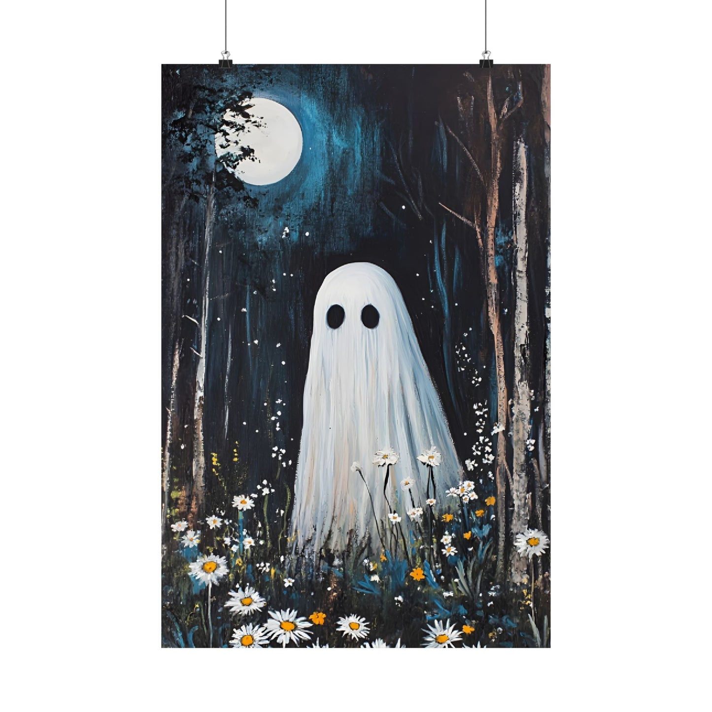 Ghost Painting - Cute Ghost in Forest Wall Art - Spooky Halloween Poster - Home Decor Prints