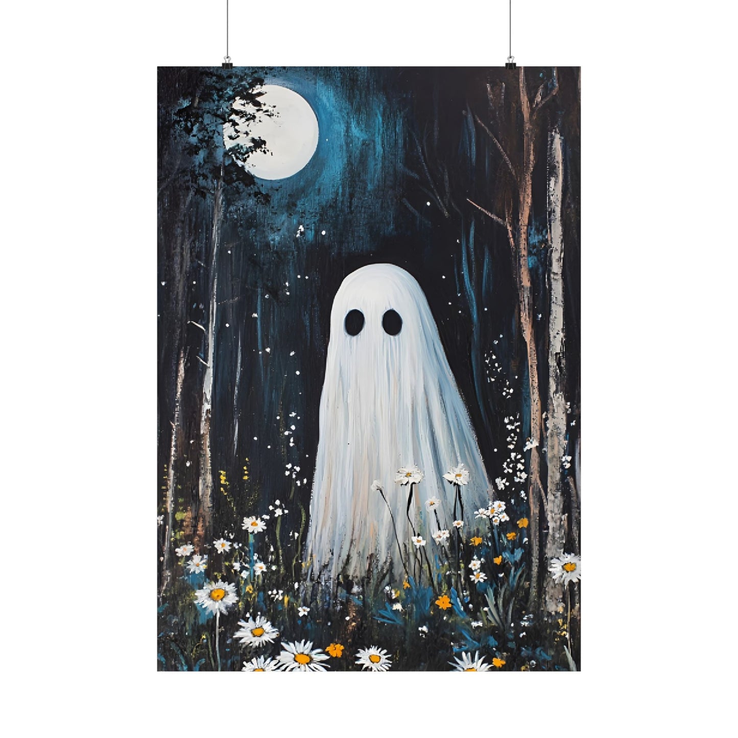 Ghost Painting - Cute Ghost in Forest Wall Art - Spooky Halloween Poster - Home Decor Prints