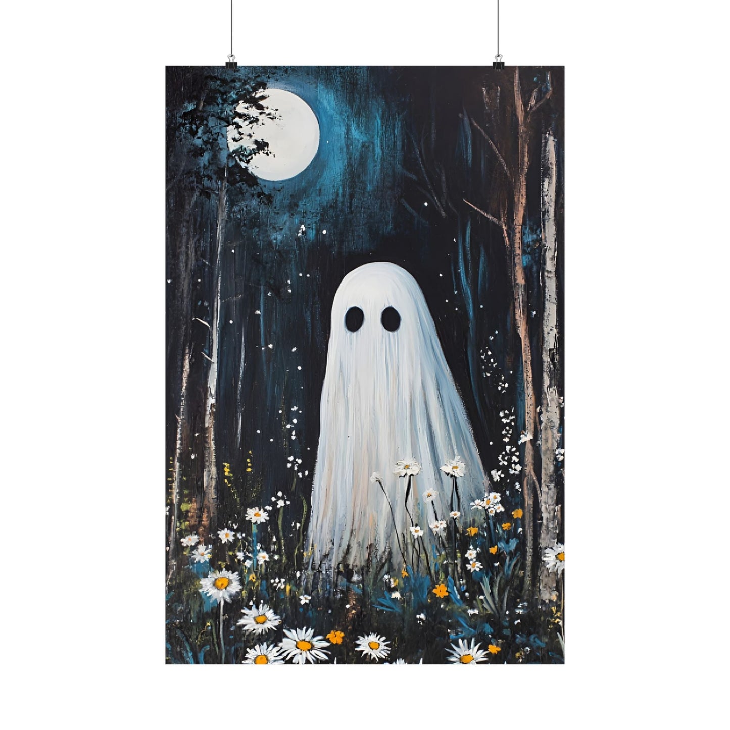 Ghost Painting - Cute Ghost in Forest Wall Art - Spooky Halloween Poster - Home Decor Prints