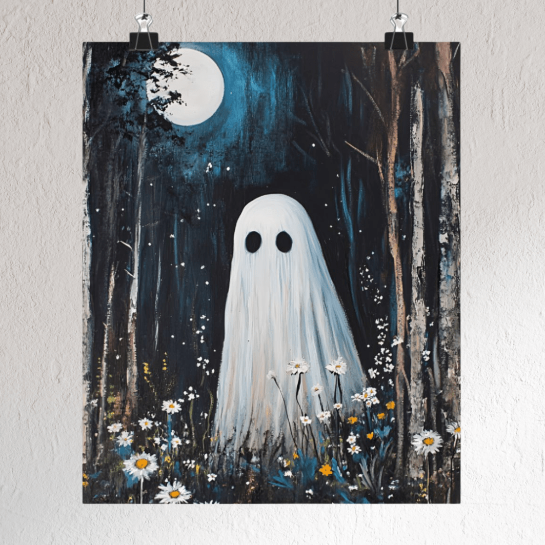 Ghost Painting - Cute Ghost in Forest Wall Art - Spooky Halloween Poster - Home Decor Prints - Boo and Bewear