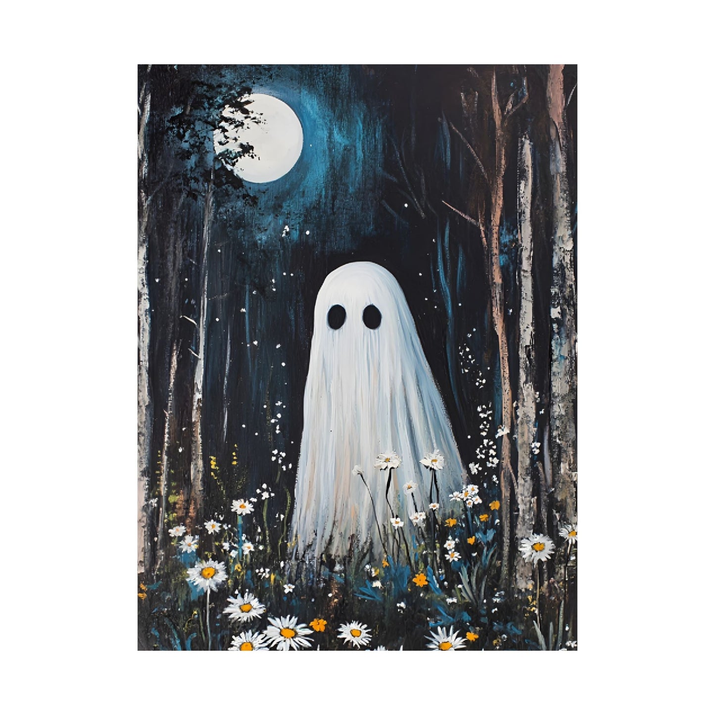 Ghost Painting - Cute Ghost in Forest Wall Art - Spooky Halloween Poster - Home Decor Prints